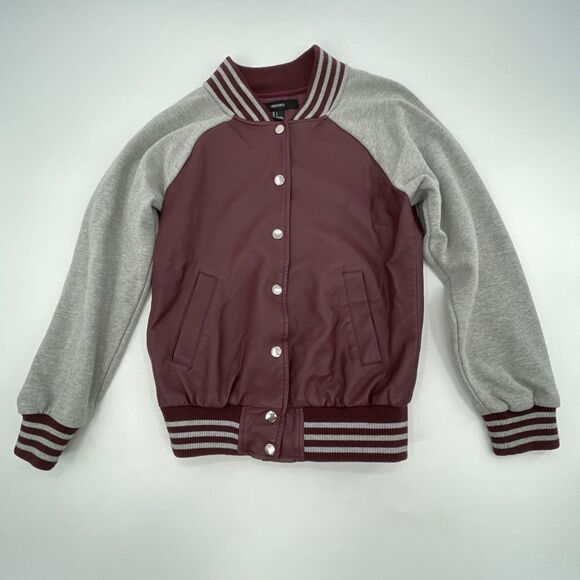 Forever 21 Varsity Jacket Womens Small Maroon Gray Letterman Snap Buttons *FLAW - Picture 4 of 11